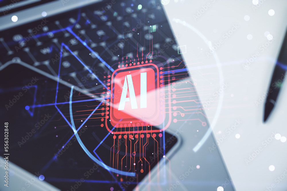 Poster double exposure of creative artificial intelligence abbreviation with computer on background. future