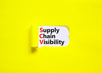 SCV supply chain visibility symbol. Concept words SCV supply chain visibility on white paper on a beautiful yellow background. Business SCV supply chain visibility concept. Copy space.