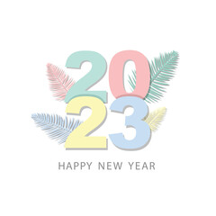 Flat Style Pastel Colors Sketch Style 2023 Happy New Year Creative Card Design. New Year and Christmas Banner Design with Christmas Cypress or Pine Leaves. Outline Sketch with Christmas tree branch. 
