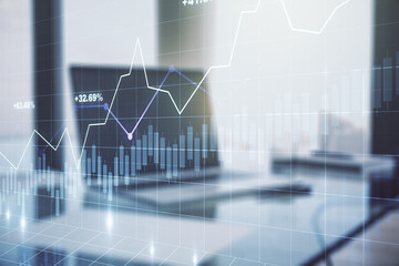 Multi exposure of abstract creative financial graph on modern computer background, forex and investment concept
