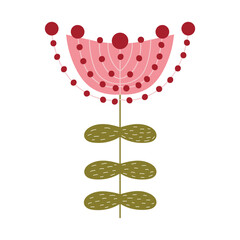 Cozy scandinavian style pink flower isolated on white background, time for hygge design element, exotic leaves