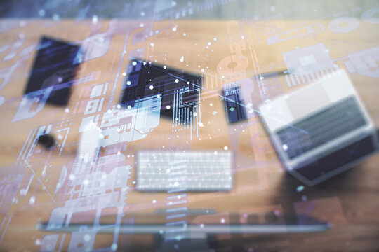 Multi exposure of abstract creative coding sketch on modern laptop background, artificial intelligence and neural networks concept