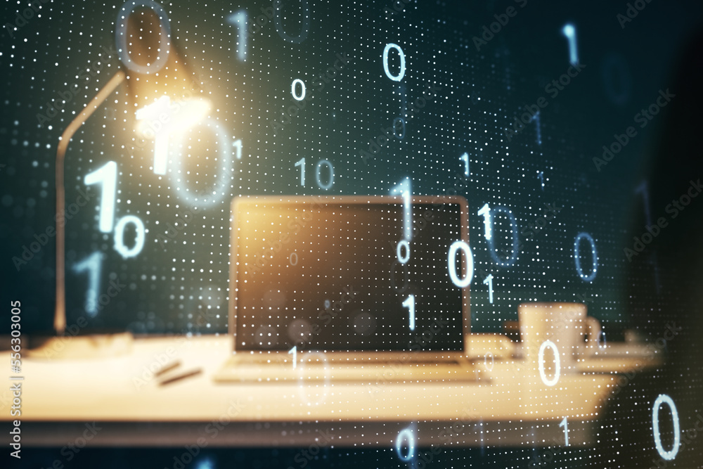 Leinwandbilder creative abstract binary code sketch on modern laptop background, hacking and matrix concept. multie