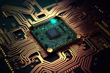 a chip on a circuit board against a futuristic background. Generative AI