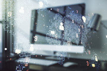 Double exposure of social network icons concept with world map and modern laptop on background. Marketing and promotion concept