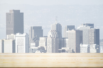 Empty tabletop made of wooden dies with San Francisco city view at daytime on background, template