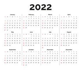 Calendar year of 2022 with Sundays in red.