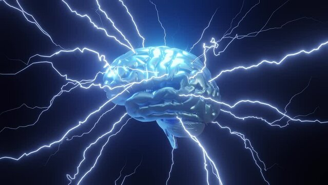 Sparks lightning over human brain. Ideas or brainstorm related. 4k resolution. spin brain. blue colour.