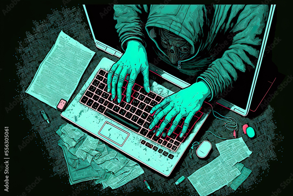 Poster data theft from a laptop by a hacker from the top down. generative ai