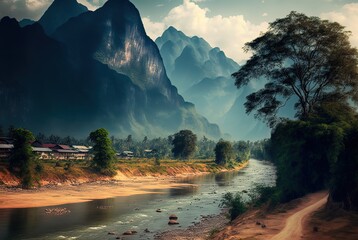 illustration of rural nature landscape with river flow aside, inspired from Vang Vieng, Laos
