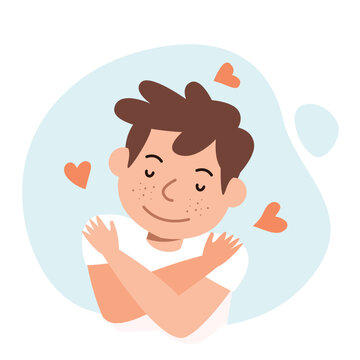 Happy boy hugging himself with heart icons, self-care,Self love