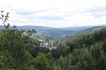 Fototapeta na wymiar A view at Janske Lazne from The Tree Top Walk Krkonose, Janske Lazne, Czech Republic