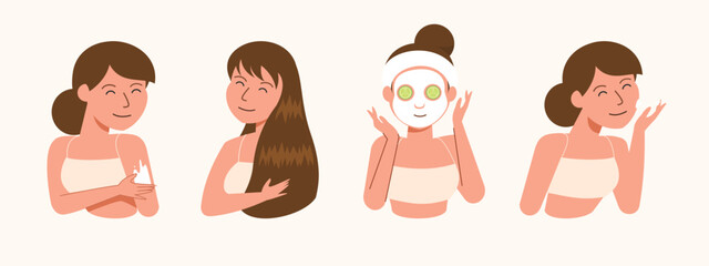 women use cosmetic products for facial skin and hair treatment
