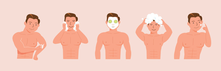 Fototapeta premium a man taking care his face and hair various actions,routine, facial, treatment, beauty, healthy, hygiene, lifestyle, vector illustration set