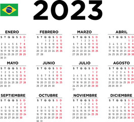 Calendario 2023 portugues Brasil. Semana comienza el lunes. Verde - obrazy, fototapety, plakaty