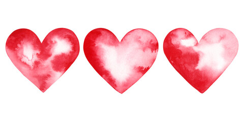 watercolor illustration, as a set of three textural, bright, red hearts for a holiday, congratulations, postcard and design for lovers