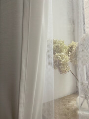 Window with hydrangeas flowers behind haze white 