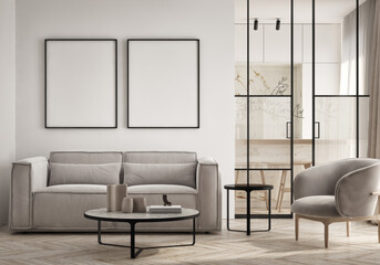 Mockup poster frame on the wall of living room. Luxurious apartment background with contemporary design. Modern interior design. 3D render, 3D illustration.