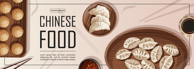 Template flyer design for shop, restaurant, cafe, promotion, advertising. Vector illustration of Chinese food and copy-space isolated on white. Banner, poster, coupon, sale, cover, brochure concept.