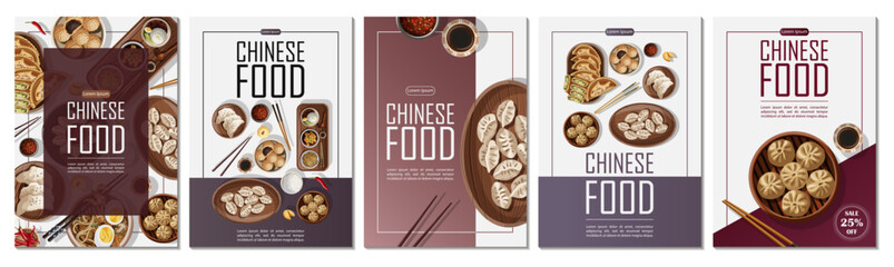 Set of templates posters design for restaurant, banner, card, flyer, menu, brochure. Vector illustration of Chinese food and copy-space on vertical A4 posters.