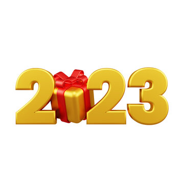 Gold number of 2023 years and christmas gift boxes of colors red gold with 3d style