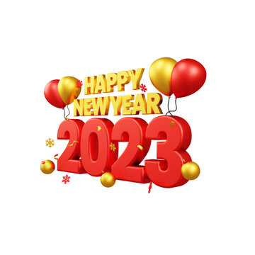 A Happy New Year 2023 web icon or button. Greeting card concept. gold snowy christmas. 3D style digits. Abstract isolated graphic design template. Red number of 2023 years with red gold baloon