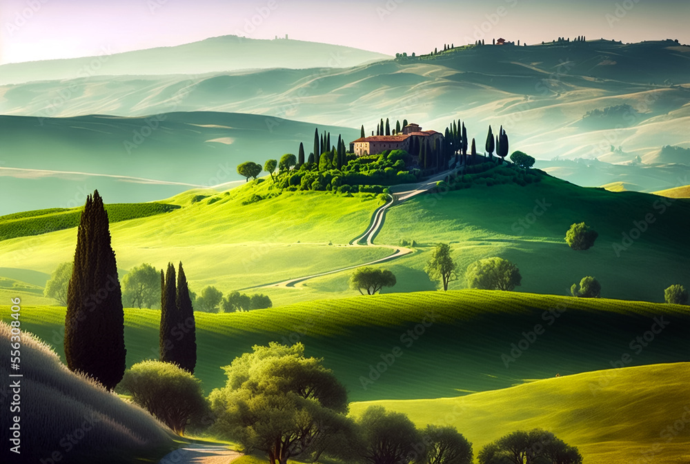 Canvas Prints tuscany landscape, house on the peak green hill, italy scenery