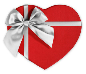 Valentine's day red gift box in heart shape, wrapped with bright silver ribbon bow in silk tape, top view for gift greeting card and for mother's day give, label for shopping or advertising banner