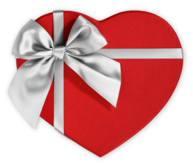 Valentine's day red gift box in heart shape, wrapped with bright silver ribbon bow in silk tape, top view for gift greeting card and for mother's day give, label for shopping or advertising banner