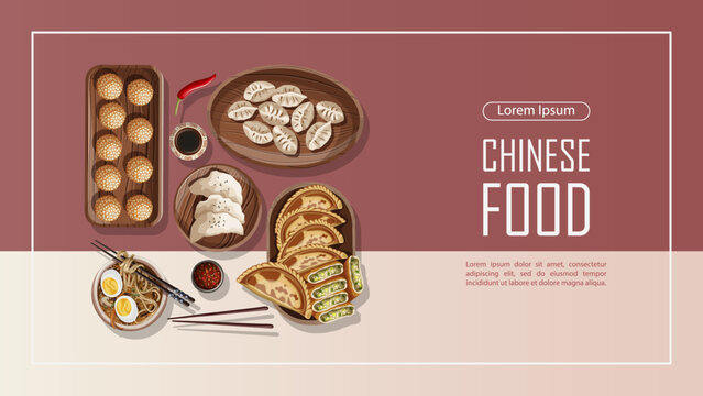 Template banner design for shop, restaurant, cafe, promotion, advertising. Vector illustration of Chinese food and copy-space isolated on pink. Flyer, poster, coupon, sale, cover, brochure concept.