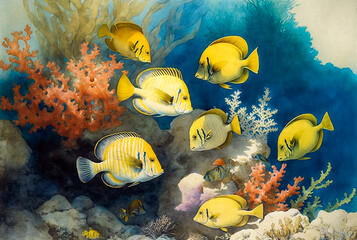 Obraz na płótnie Canvas Underwater life, yellow sea fishes among the corals. Printable digital watercolor seascape, generative ai .