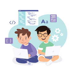 two boys with laptops learn to code, programming vector illustration