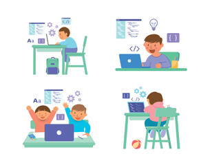 set of kids with computer laptop learn coding vector illustration