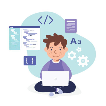 a boy with computer laptop learn coding vector illustration