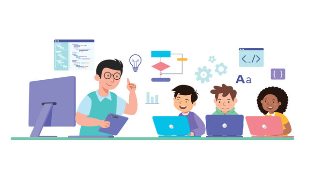 kids learn coding with male teacher vector illustration