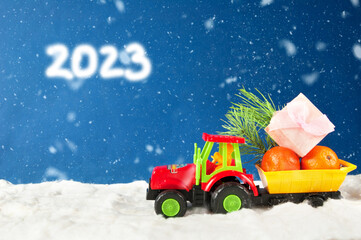Cristmas greeting card with car and gifts, merry christmas and happy new year concept, presents delivery