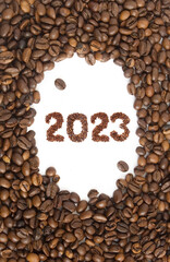 Coffee new year 2023, coffee beans, cup of coffee isolated on white background, happy new year
