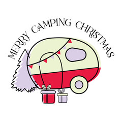 Christmas camper with christmas tree. Cute vintage vector illustration. Travel trailer in Winter bunner. Christmas element for  posters, card..