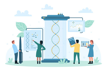 Genetic research in laboratory vector illustration. Cartoon tiny scientists with pen, calculator and creative chart presentation making DNA analysis and science experiment, engineering process