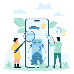 Electric car charger station vector illustration. Cartoon tiny people with magnifying glass using search service on screen of mobile phone to find charging point to charge battery of electro vehicle