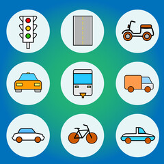 Transportation icons colored line set with bike, van, car and other cab elements. Isolated vector illustration transportation icons.