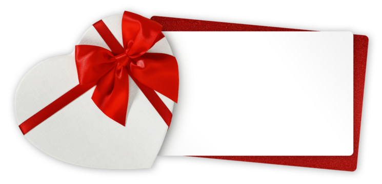 valentine's day gift greeting card with white box in heart shape wrapped with red bright ribbon bow, top view copy space for label price ticket, mother's day or shopping sale advertising banner