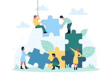 Teamwork partnership metaphor. Team building training, project management, brainstorming, group motivation. Teamwork, startup character flat vector illustration business concept with giant puzzle.