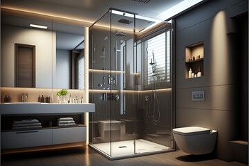 Modern big wooden and marble bathroom with shower - obrazy, fototapety, plakaty