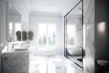 Fototapeta na wymiar Modern big wooden and marble bathroom with shower