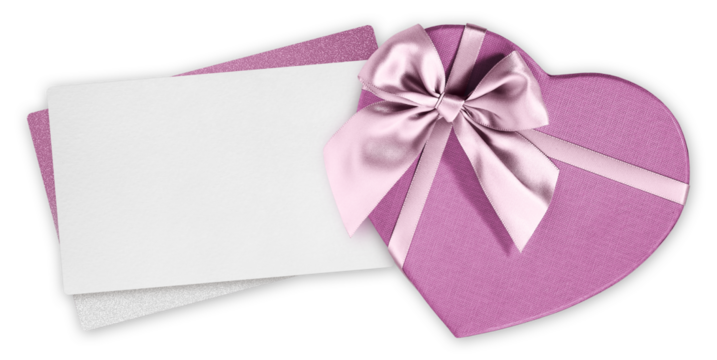 valentine's day gift greeting card with purple box in heart shape wrapped with pink bright ribbon bow, top view copy space for label price ticket, mother's day or shopping sale advertising banner