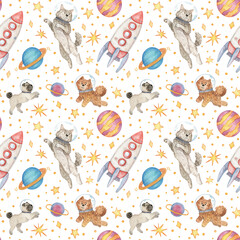 Hand-drawn seamless watercolor pattern on a transparent background. Space illustration with stars, planets, rocket and astronaut dogs. Art with terrier, spitz and pug for design and etc.