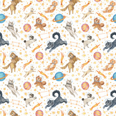 Hand-drawn seamless watercolor pattern on a transparent background. Space illustration with stars, planets and dogs astronauts. Art with spitz, corgi, retriever, pug and terrier for design and etc.