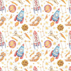 Hand-drawn seamless watercolor pattern on a transparent background. Space illustration with stars, rockets, planets and dogs astronauts for design, wrapping paper, printing, etc.