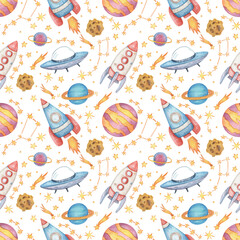 Hand-drawn seamless watercolor pattern on a transparent background. Space illustration with stars, rockets, planets and constellations for design, wrapping paper, printing, etc.